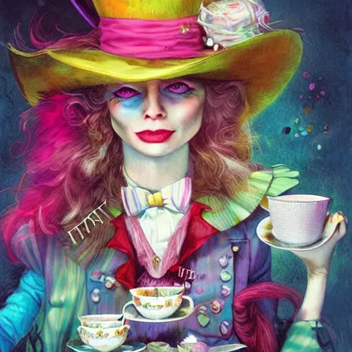 Prompt: the mad hatter from alice in wonderland having a tea party by anna dittmann, highly detailed, bright tones