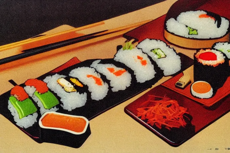 Prompt: sushi advertisment, still life, 1 9 7 0 s japan shouwa advertisement, print, nostalgic