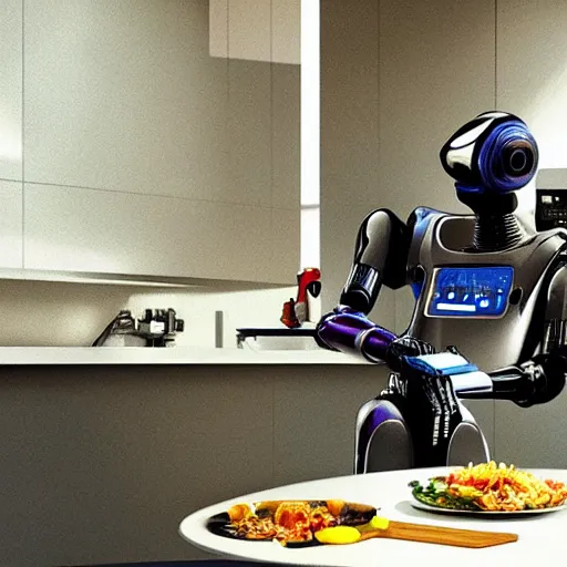 Image similar to a robot preparing a meal in a kitchen, cyberpunk, sci-fi, coherent like Dall-E 2