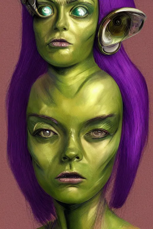 Prompt: portrait, headshot, pulp illustration, of beautiful lady alien extraterrestrial merchant, purple hair, antennae coming out of her head with faceted eyes on the end of eyestalks, iridescent faceted eyes, dark green and yellow mottled skin, sexy skintight silver spacesuit, scifi, futuristic, realistic, hyperdetailed, chiaroscuro, concept art, art by gil elvgren and glen orbik