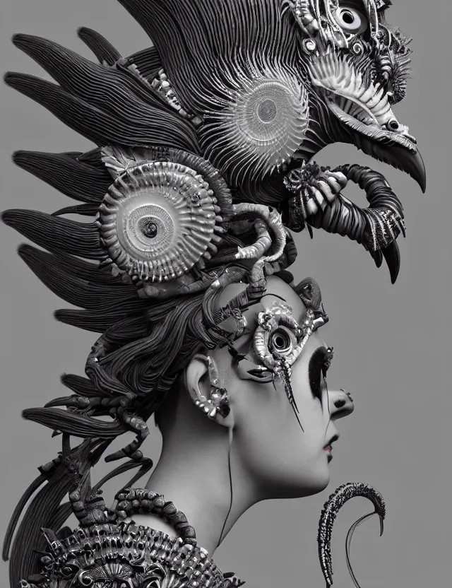 Image similar to 3 d goddess close - up profile portrait punk with mohawk with ram skull. beautiful intricately detailed japanese crow kitsune mask and clasical japanese kimono. betta fish, jellyfish phoenix, bio luminescent, plasma, ice, water, wind, creature, artwork by tooth wu and wlop and beeple and greg rutkowski