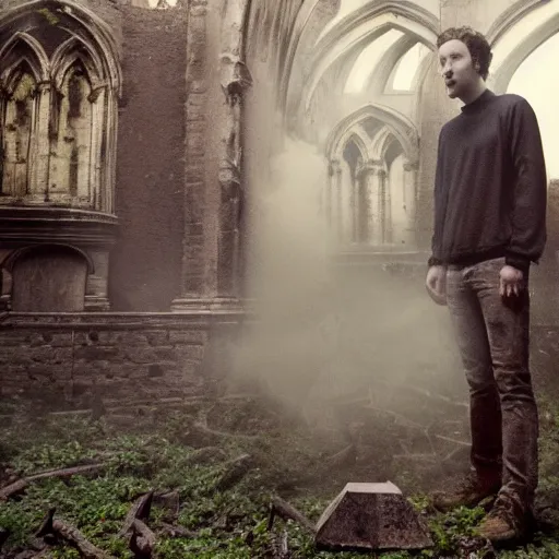 Prompt: dark zuckerberg performing the dark sacrament in the ruins of an old cathedral, vegetation, smoke, steam, dramatic low lighting, ominous, cinestill 8 0 0 t