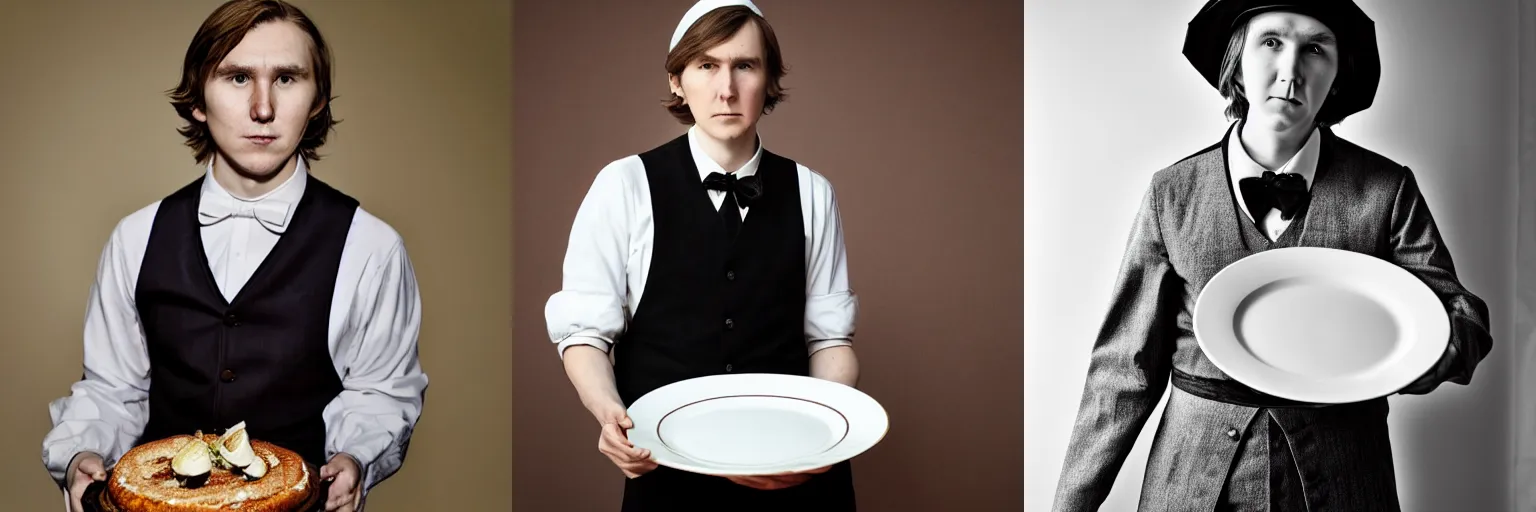 Prompt: Paul Dano wearing maid outfit and holding cloche plate professional photography 1k hd