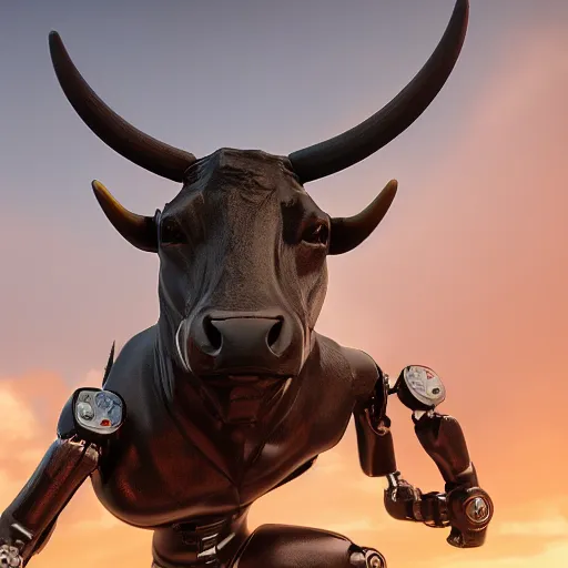 Image similar to a standing bull android modeled after a bull made of hard rubber looking into the camera, android, cyborg, half body, intricate, 3 d, fantasy, depth of field, octane render, symmetrical, hyper realism, highly detailed, digital art, artstation, concept art, cinematic lighting, trending