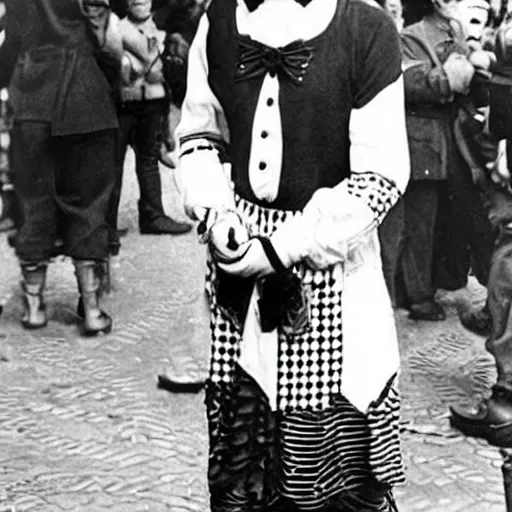 Prompt: a photo of a harlequin mime in madrid in the spanish civil war