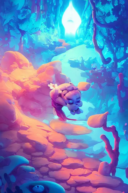 Image similar to smurf ghost creature animal sushi cristal very big eye roots cactus elemental flush of force nature micro world fluo fishscale, behance hd by jesper ejsing, by rhads, makoto shinkai and lois van baarle, ilya kuvshinov, rossdraws radiating a glowing aura global illumination ray tracing hdr