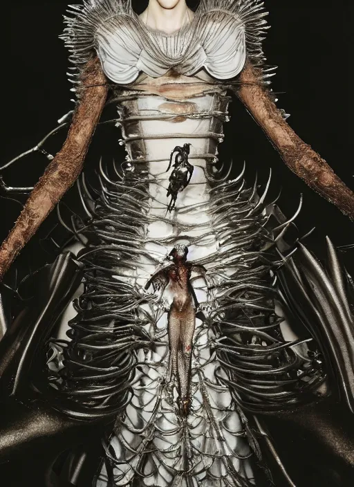 Image similar to walking down the catwalk, tim walker, show, stage, vogue photo, podium, fashion show photo, historical baroque dress dark, iris van herpen, beautiful woman, full body shot, masterpiece, intricate, biopunk, predator, guyver, highly detailed