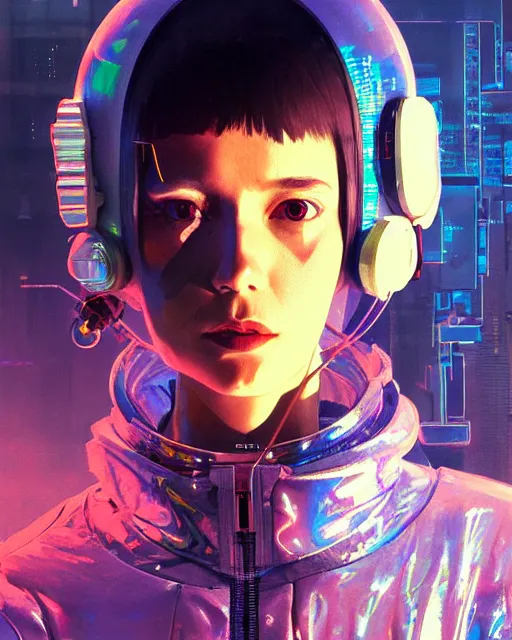 Image similar to detailed portrait of European Dispatcher Pilot girl Sheen Holographic coat, Futuristic sci-fi fashion Akira, Evangelion, cyberpunk, neotokyo, synthwave, aesthetics, futuristic, bladerunner movie scene by ismail inceoglu dragan bibin hans thoma greg rutkowski Alexandros Pyromallis Nekro Rene Margitte illustrated Perfect face, fine details, realistic shaded, fine-face, pretty face sharp chine