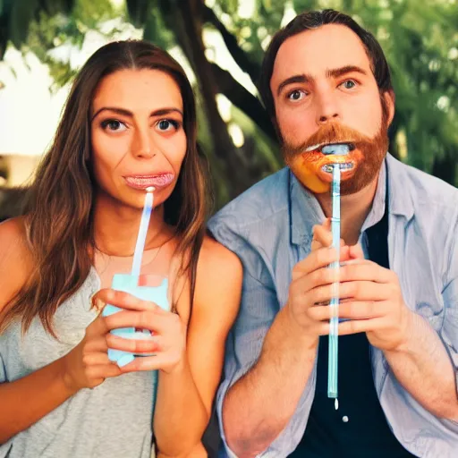 Prompt: two people. one is drinking out of a straw, from the empty dark eye socket of another person