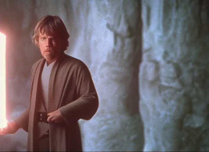 Prompt: single portrait of Luke skywalker uncovering the glowing ancient jedi texts. a hazy ethereal ancient Jedi cathedral, screenshot from the 1983 film Holy Mountain, directed by Jordowsky, Photographed with Leica Summilux-M 24 mm lens, ISO 100, f/8, Portra 400, kodak film, anamorphic lenses
