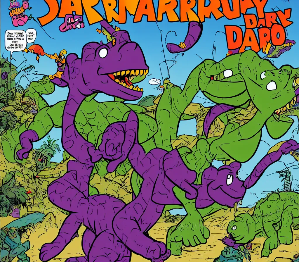 Image similar to barney the dinosaur action hero comic