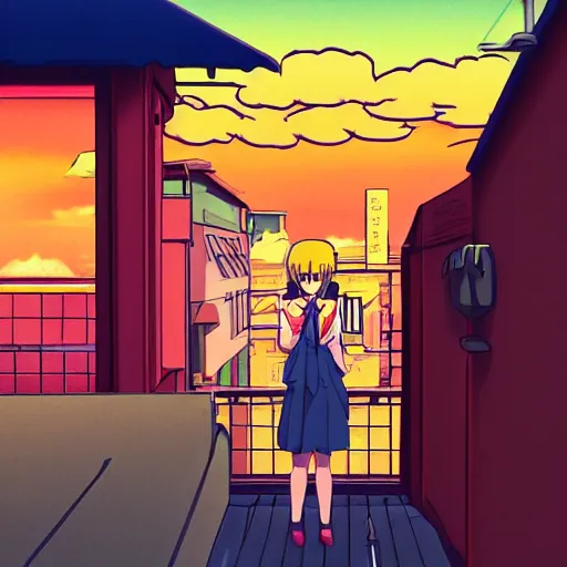 Prompt: anime girl in dimly light golden gai smoking a cigarette during sunset, studio ghibli, 8 0 s anime, in the style of kimagure orange road, sprite, yu - no, nostalgic, artstation, 8 k