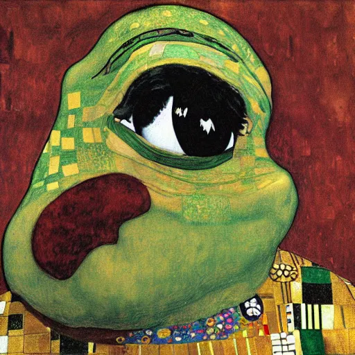 Image similar to pepe the frog in portrait of adele bloch - bauer i by gustav klimt