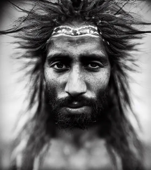 Image similar to Award winning reportage photo of Mauri Natives with incredible hair and beautiful hyper-detailed eyes wearing traditional garb by Lee Jeffries, 85mm ND 5, perfect lighting, gelatin silver process