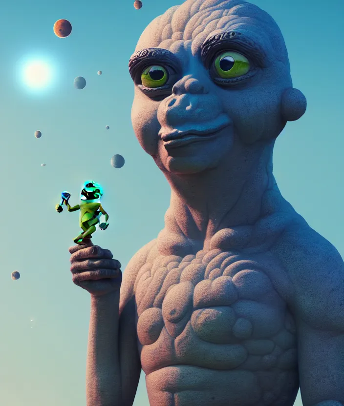 Image similar to giant pepe anunnaki statue, full body, planets, sky, dream, highly detailed, digital painting, refreshing, trending on artstation, octane render, illustration by james jean