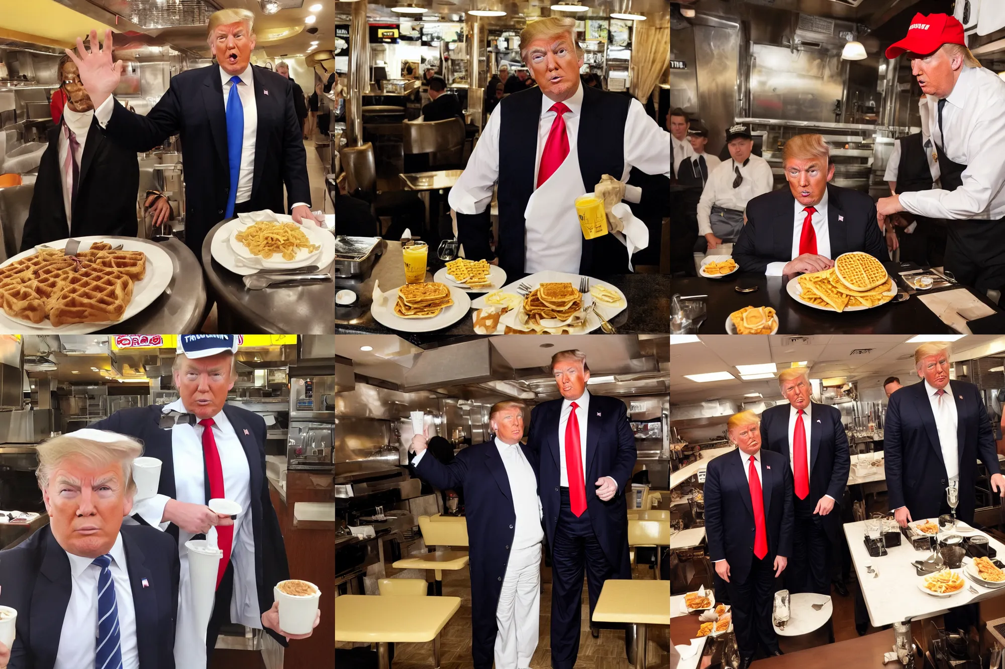 Prompt: high quality photo of Trump dressed like a waiter at waffle house