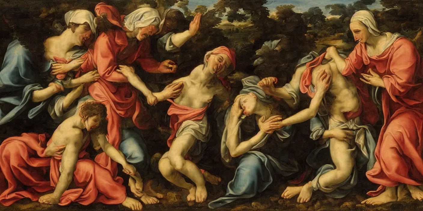 Prompt: an baroque painting of 3 maria's in a landscape crying at the death of christ