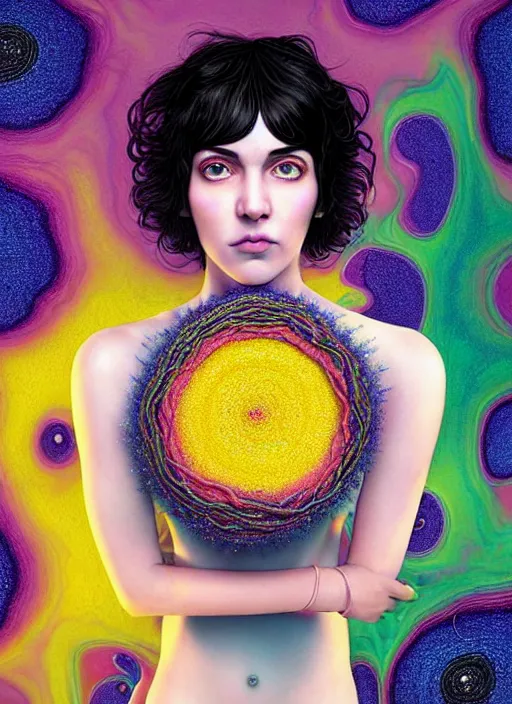 Image similar to hyper detailed 3d render like a Oil painting - Ramona Flowers with wavy black hair wearing thick mascara seen Eating of the Strangling network of colorful yellowcake and aerochrome and milky Fruit and Her staring intensely delicate Hands hold of gossamer polyp blossoms bring iridescent fungal flowers whose spores black the foolish stars by Jacek Yerka, kawaii ,Mariusz Lewandowski, cute silly face, Houdini algorithmic generative render, Abstract brush strokes, Masterpiece, Edward Hopper and James Gilleard, Zdzislaw Beksinski, Mark Ryden, Wolfgang Lettl, Dan Hiller, hints of Yayoi Kasuma, octane render, 8k