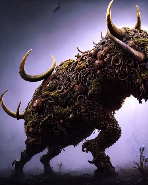 Prompt: a theriomorphic holobiont, concept art, bull with horns, mycorrhiza, mushroom, translucidluminescence, intricate, kim jung gi, james jean, shaun tan, meridians, organic detail, cinematic, epic wide shot, ultra detailed, sharp focus, smooth, global illumination, photo realistic, 8 k render