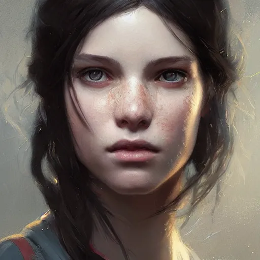 Image similar to highly detailed portrait of a young woman with long dark hair, art by greg rutkowski, unreal engine, high quality, vivid, stunning lighting