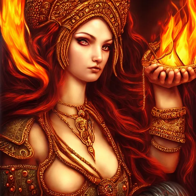 Prompt: perfectly centered close up portrait, goddess of fire, candid photography, by anne stokes, highly detailed, character concept