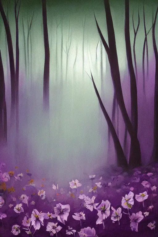 Prompt: moody painting of purple morning glory flowers growing in a forest dimly lit by morning light. muted colour palette painting painting by jamie hewlett