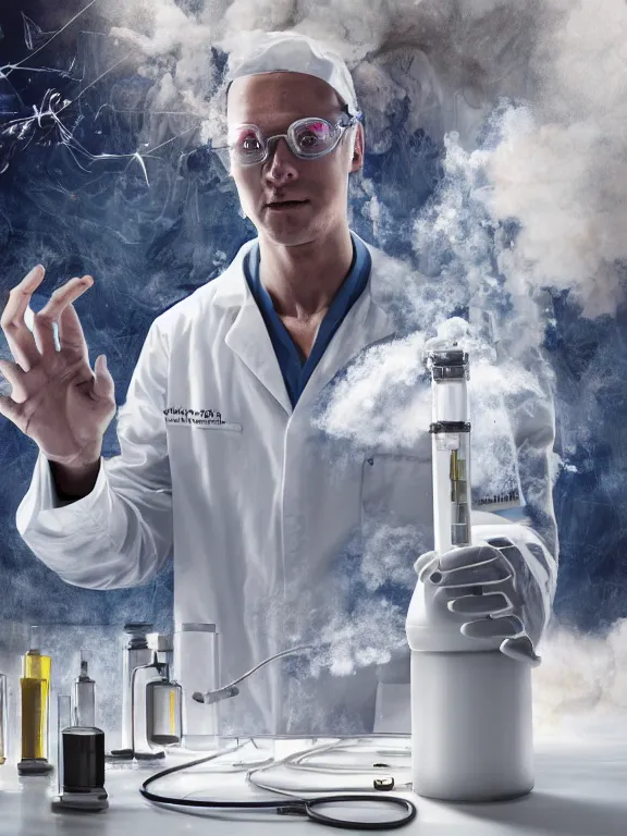 Prompt: scientist in a white coat, chemicals explosion on a white table in front of the scientist, digital art, digital painting, masterpiece, anatomically correct, five fingers, cinematic, high coherence, realistic, high quality, highly detailed, 8 k, dramatic lighting, path traced, centered, high definition