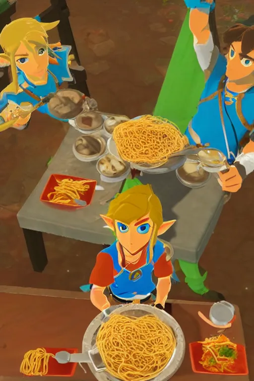 Image similar to in game footage of link from the legend of zelda breath of the wild eating spaghetti at a restaurant, breath of the wild art style.