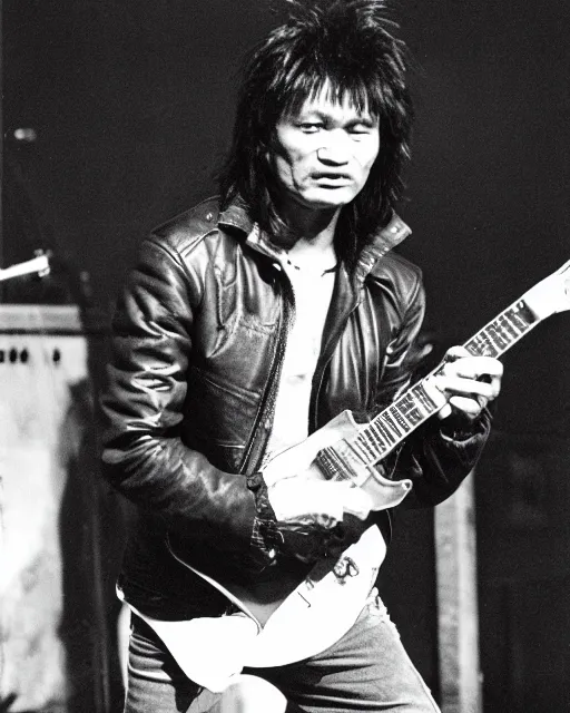 Image similar to sixty years old viktor tsoi with guitar in his hands, leather jacket, photo, microphone, rock concert, black and white, iso 9 0 0, 3 5 mm, kodak gold