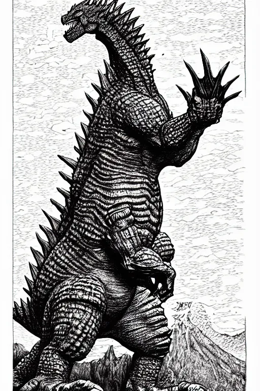 Image similar to godzilla as a d & d monster, full body, pen - and - ink illustration, etching, by russ nicholson, david a trampier, larry elmore, 1 9 8 1, hq scan, intricate details, inside stylized border