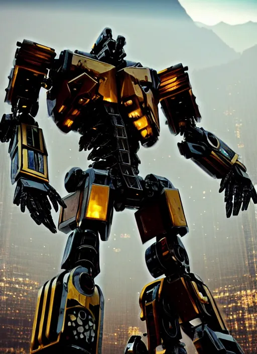 Image similar to a shiny ornate boxing humanoid mecha in ruin city, victory, bright, by war robots, real steel ( 2 0 1 1 ), westworld and eve venture and pacific rim and machine warrior 5, cryengine, frostbite 3 engine, scarlet and yellow scheme, sharp focus, 8 k, high definition, insanely detailed, soft lighting, smooth face