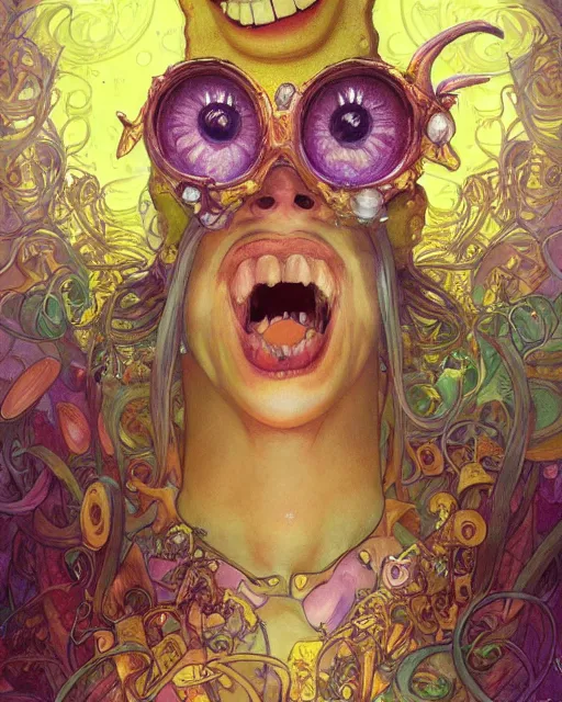 Image similar to spongebob insane eyes, extreme close up, madness, insanity, highly detailed, gold filigree, romantic storybook fantasy, soft cinematic lighting, award, disney concept art watercolor illustration by mandy jurgens and alphonse mucha and alena aenami, pastel color palette, featured on artstation