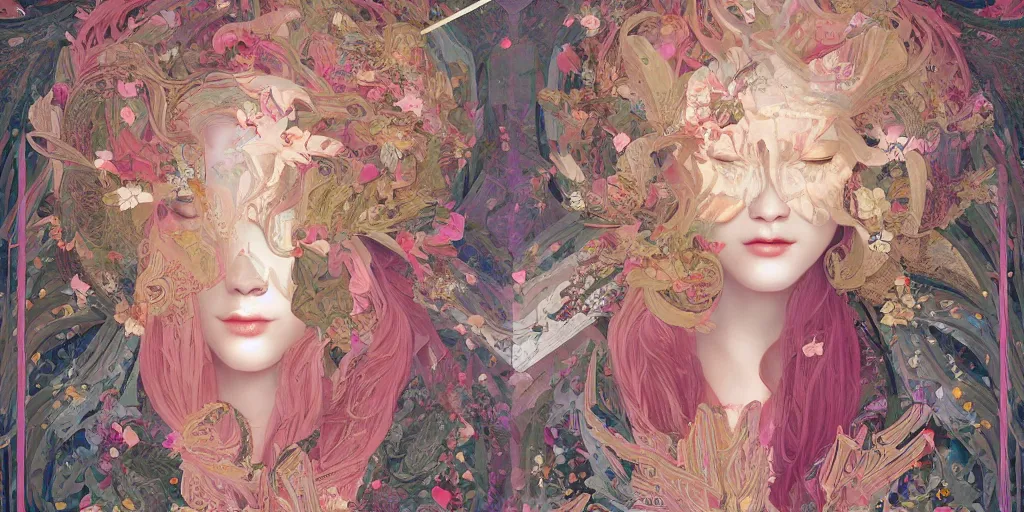 Image similar to breathtaking detailed concept art painting kaleidoscope art deco pattern of blonde faces goddesses amalmation flowers, by hsiao - ron cheng, bizarre compositions, exquisite detail, extremely moody lighting, 8 k