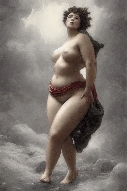 Prompt: Chonky heroine with thick thighs and large breasts, standing over a fallen foe, with her foot on his chest - in the style of greg rutkowski, by Gustave Doré, by Marco Turini, by Artgerm, Deviantart in the style of Tom Bagshaw, Cedric Peyravernay, Peter Mohrbacher by William-Adolphe Bouguereau,