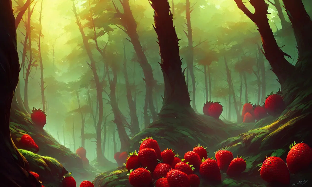 Image similar to Dark forest large strawberries, behance hd by Jesper Ejsing, by RHADS, Makoto Shinkai and Lois van baarle, ilya kuvshinov, rossdraws global illumination