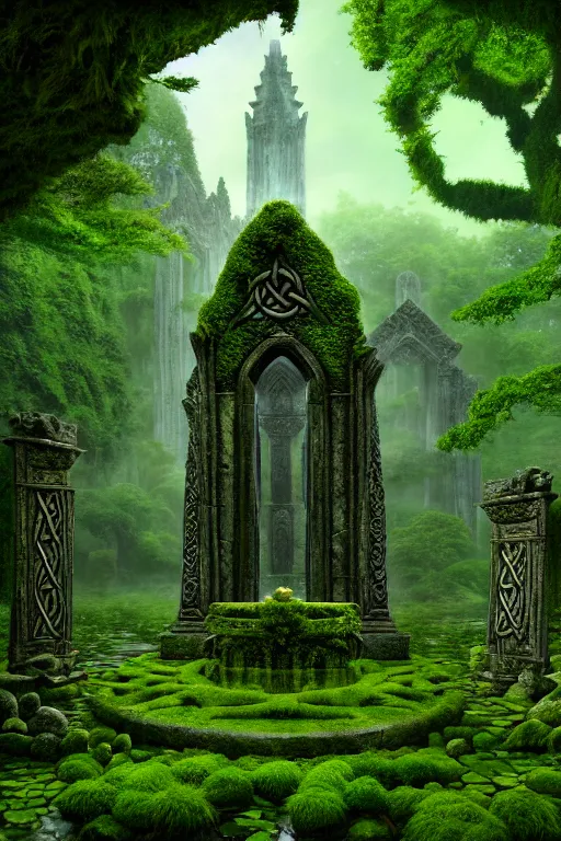 Image similar to photography of a hyper realistic lost celtic elven temple in a magical fantasy garden, mirroring water entering the temple, mossy stone pilars, epic scale, insanely complex, hyperdetailed, sharp focus, hyper realism, artstation, cgsociety, 8 k, bright colors, by takato yamamoto, unreal engine 5