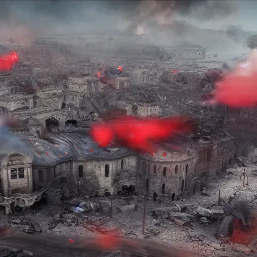 Image similar to politics, destroyed landscape and buildings, dystopian, war, real, red and blue smoke, highly detailed 8k