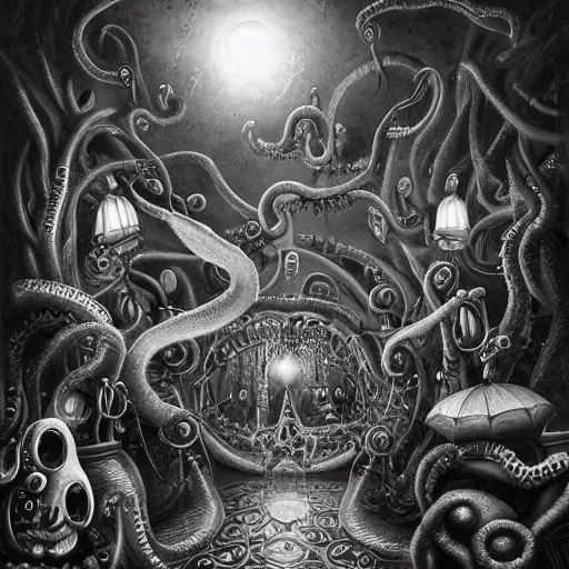 Image similar to ultra realist soft painting of a curiosities carnival by night in loveraftian universe, horror, omnious sky, deep fog, lurking tentacle, symmetry accurate features, very intricate details, black and white, volumetric light clouds