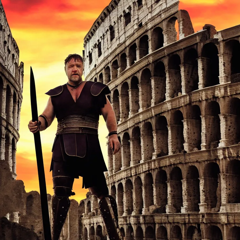 Prompt: russell crowe as a gladiator holding a sword, colosseum, sunset, cinematic lighting, volumetric lighting, award winning photography, highly detailed, intricate, sharp focus, 4 k wallpaper, unreal engine, 9 0 mm, f / 1. 4