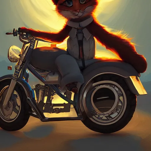 Image similar to cute fluffy caracal riding a harley motorcycle, road, sunset. adventurous, atmospheric lighting, stunning. by makoto shinkai, rossdraws, james jean, andrei riabovitchev, marc simonetti, krenz cushart, trendig on artstation, digital art