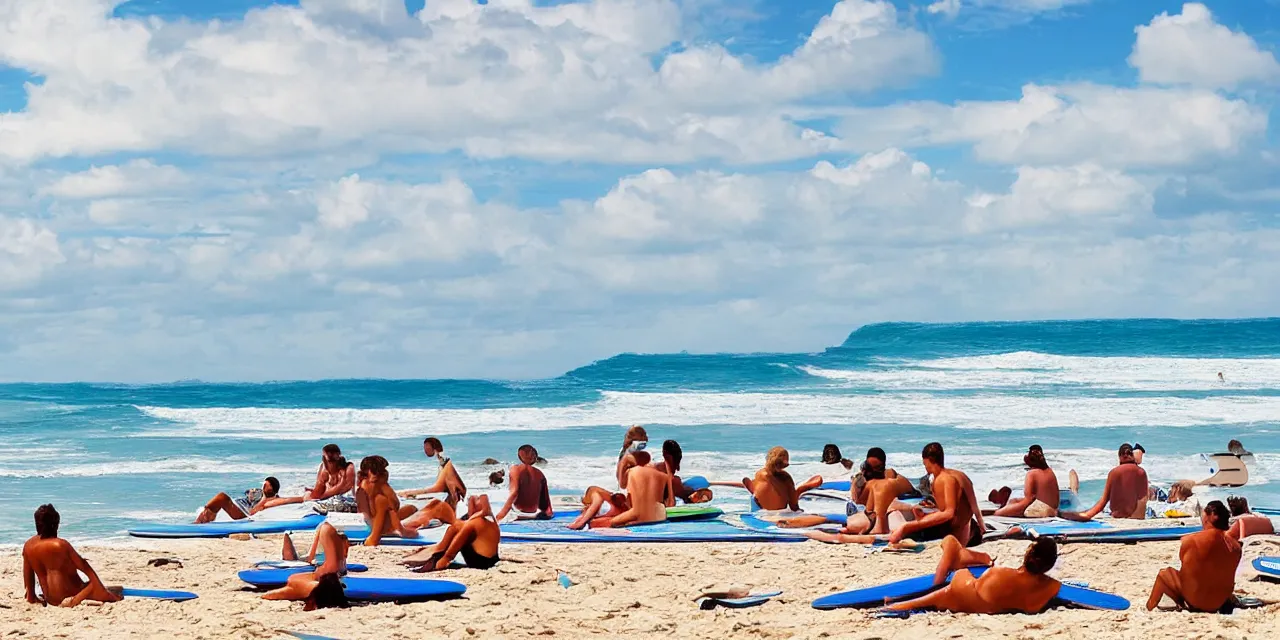 Prompt: panoramic image of a beach scene, surfers relaxing after a fun day of surfing