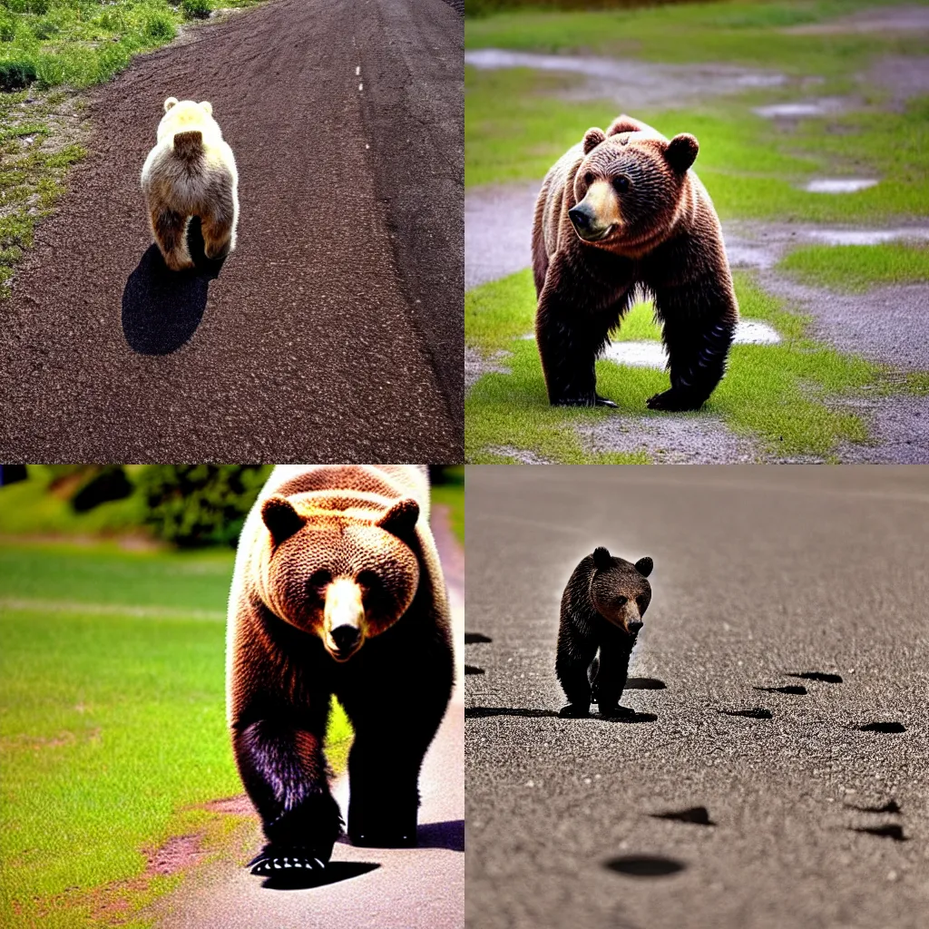 Prompt: a photo of a bipedal bear walking upright, cute, footprints