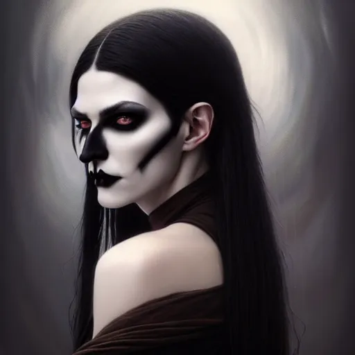 Image similar to portrait painting of an androgynous goth witch with shoulder length flowing black hair pale skin and beautiful dark brown eyes, ultra realistic, concept art, intricate details, eerie, highly detailed, photorealistic, octane render, 8 k, unreal engine. art by artgerm and greg rutkowski and magali villeneuve