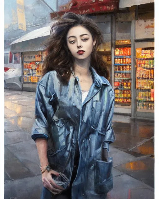 Image similar to a ultradetailed beautiful panting of a stylish woman standing next to a convenience store, she is wearing streetwear, highly detailed face, oil painting, half body painting, by ruan jia