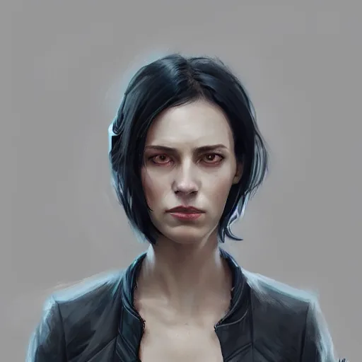 Prompt: portrait of a woman by greg rutkowski, anya solo, black bob hair, tall and slender, star wars expanded universe, wearing a black flying jacket, she is about 2 0 years old, highly detailed portrait, digital painting, artstation, concept art, smooth, sharp foccus ilustration, artstation hq