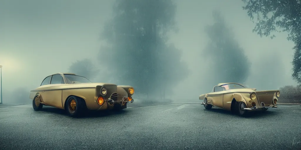 Image similar to parked retro futuristic vintage car, fog, rain, volumetric lighting, beautiful, golden hour, sharp focus, highly detailed, cgsociety