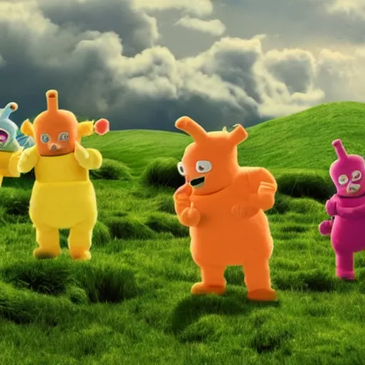 Prompt: army of teletubbies with shotguns in a meadow running, cinematic lighting, extremely detailed