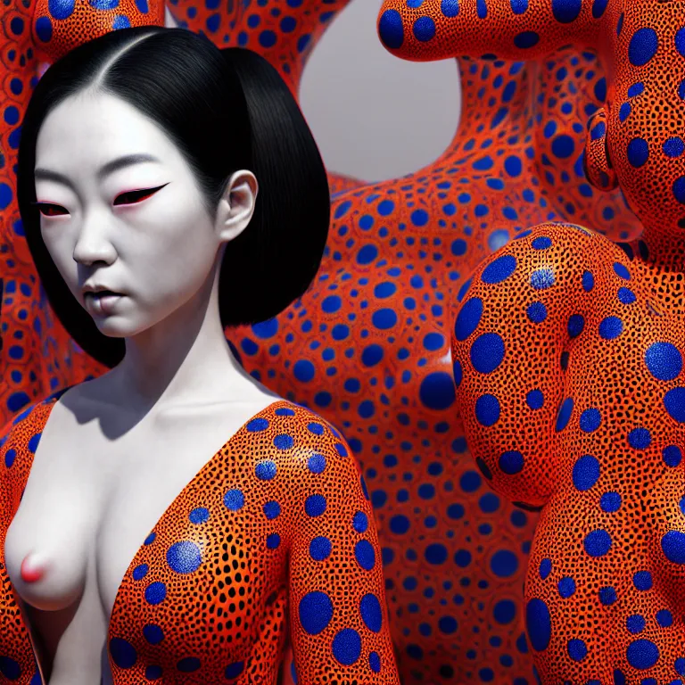 Image similar to hyperrealistic detailed image of a geisha in a art installation room, hd smooth interior by yayoi kusama, part by kei mieno, part by ross tran, dark art by james jean, ultra realistic, highly detailed, life like face, detailed body, 8 k, 3 d render by roger magrini, masterpiece