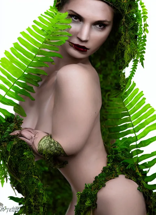 Image similar to a photo of a female model, organic headpiece, fern, vines, horn, moss, fashion photography, realistic, hyperdetails, dark grey backdrop studio, body paint