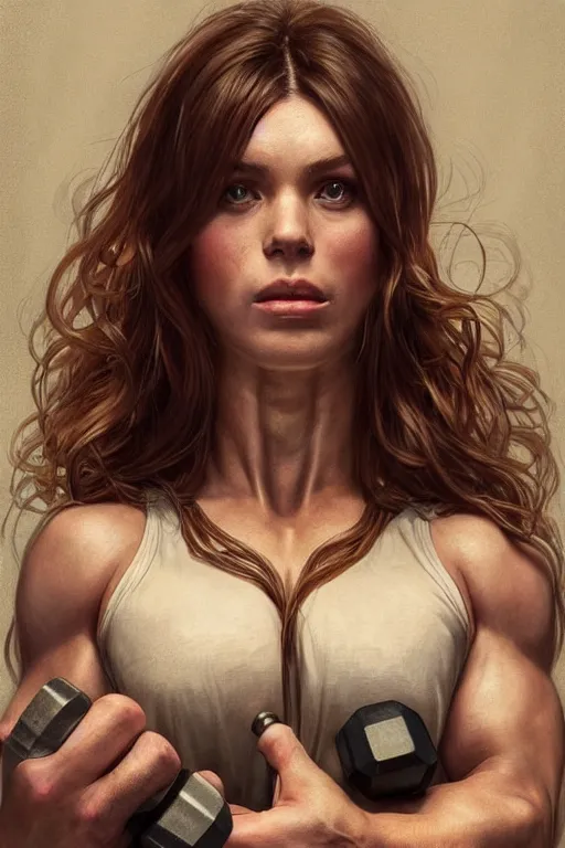 Image similar to beautiful cottagecore jacked bodybuilder holding a dumbbell, brown Hair, dark forest, intricate, elegant, highly detailed, digital painting, artstation, concept art, smooth, sharp, focus, illustration, art by artgerm and greg rutkowski and alphonse mucha